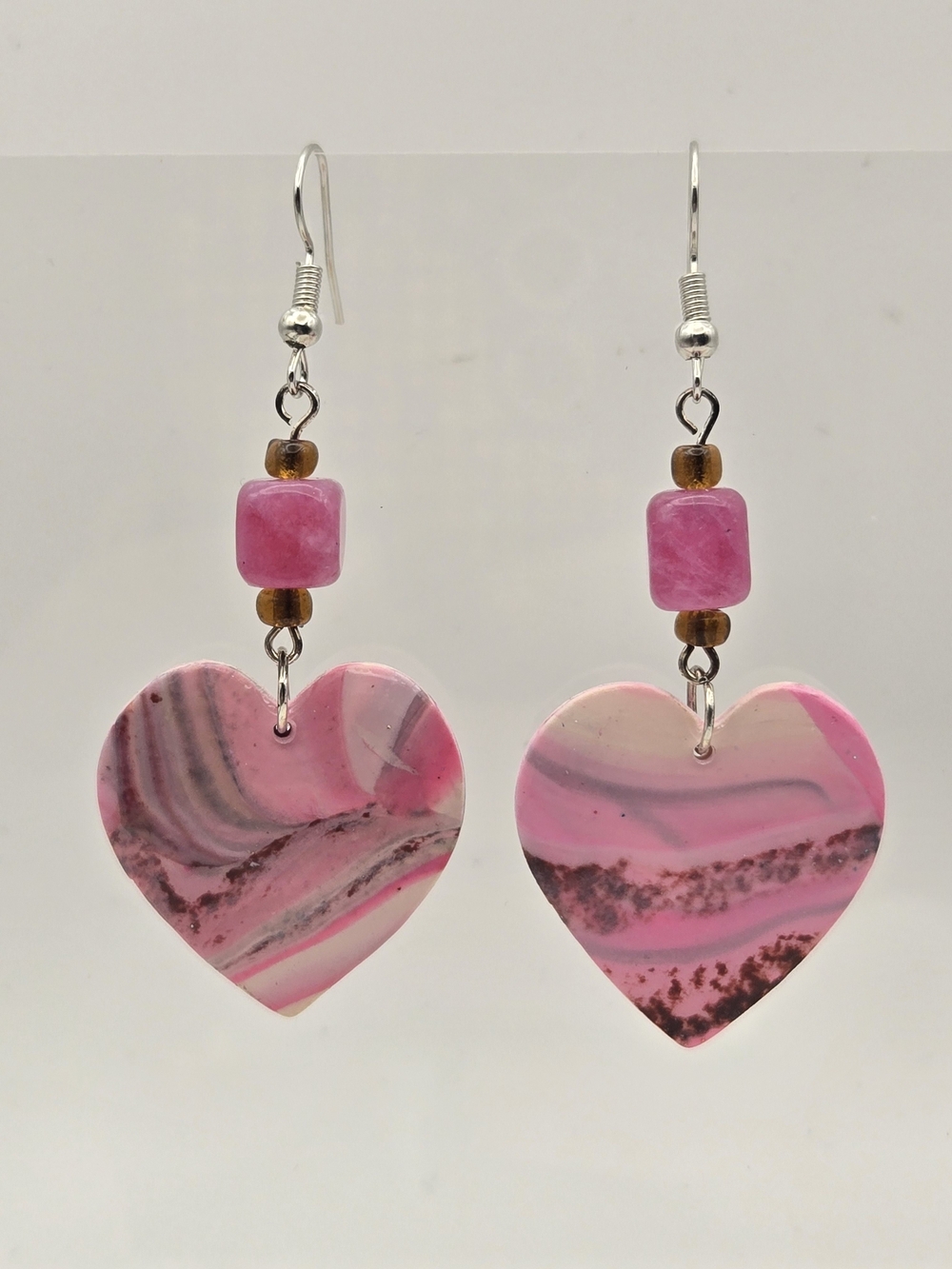 #B116- Pink Marbled Heart Dangle Earrings with Strawberry Quartz Beads